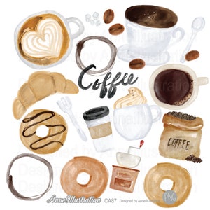 Aquarel koffie clipart, koffiebonen, café clipart, croissant, drankje, brood, winkel, brood, croissant, voedsel, PNG, Instant download Illustration_ CA87