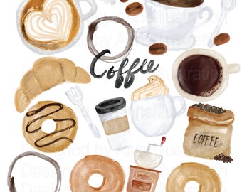 Clipart de café em aquarela, grãos de café, clipart de café, croissant, bebida, pão, loja, pão, croissant, comida, PNG, download instantâneo Ilustração_ CA87