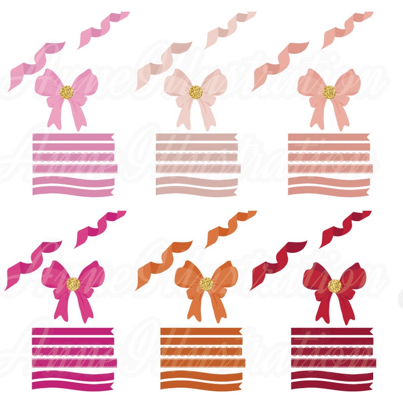 May include: Set of six digital clipart images featuring pink, peach, orange, red, and burgundy bows with gold glitter centers. Each bow is paired with a set of three ribbon designs in coordinating colors. The ribbons include a solid ribbon, a wavy ribbon, and a lace ribbon.