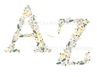 Imágenes Prediseñadas de alfabeto floral, imágenes prediseñadas de letras, imágenes prediseñadas de flores, imágenes prediseñadas de primavera, Vector, descarga instantánea Illustration_AP4