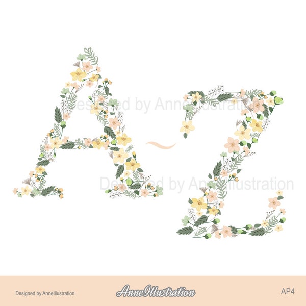 Floral Alphabet Clipart,Letters Clipart,Flowers Clipart,Spring Clipart,Vector,Instant download Illustration_AP4
