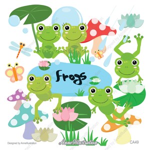 May include: A set of cartoon frog illustrations with a pond, lily pads, mushrooms, butterflies, and dragonflies. The text "Frogs" is written in a whimsical font.