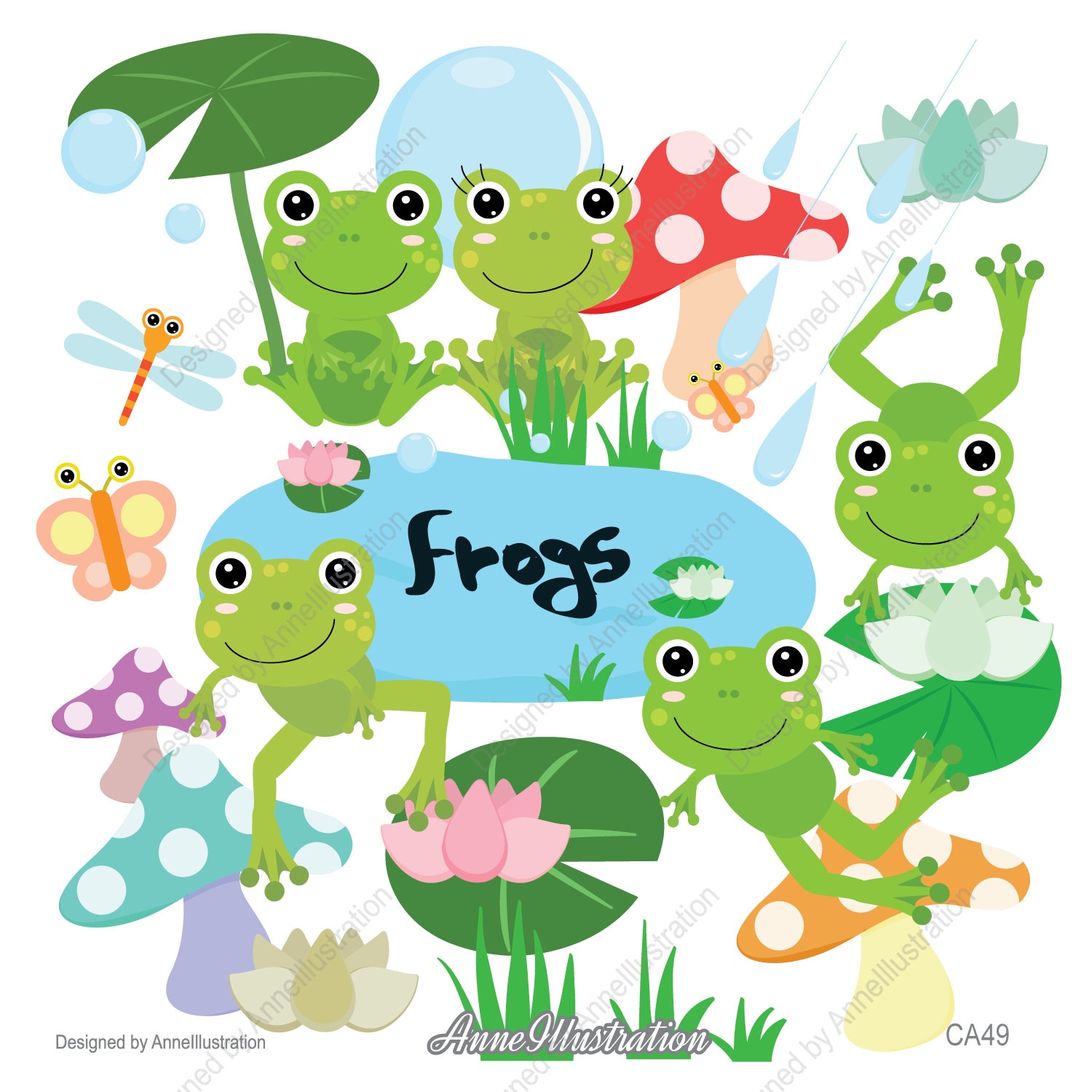 Frogs Clipart,Pond Clipart,lilypads Clipart,Butterfly Clipart,Mushroom Clipart,Graphic,Vector,Instant download Illustration_CA49