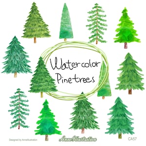 May include: Watercolor illustration of ten green pine trees on a white background. The text "Watercolor Pine Trees" is written in a green circle in the center of the image.
