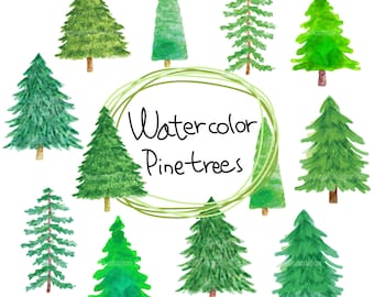 May include: Watercolor illustration of ten green pine trees on a white background. The text "Watercolor Pine Trees" is written in a green circle in the center of the image.