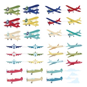 Pode incluir: Um conjunto de 20 ilustra&ccedil;&otilde;es de avi&otilde;es coloridos em v&aacute;rios estilos, incluindo biplanos, avi&otilde;es de h&eacute;lice e jatos. Os avi&otilde;es s&atilde;o de diferentes cores, incluindo vermelho, azul, verde, amarelo e bege.