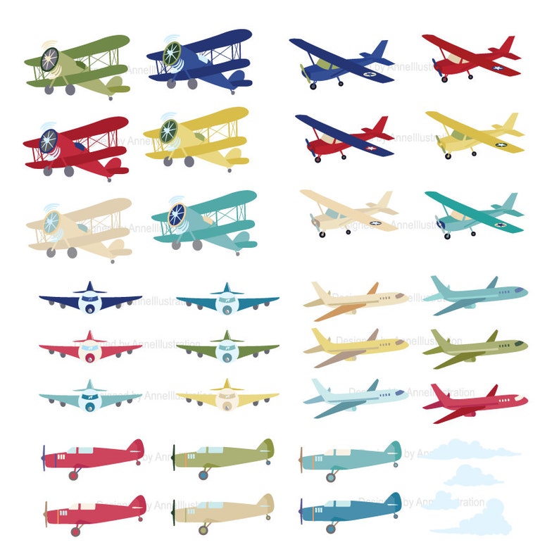 Pode incluir: Um conjunto de 20 ilustra&ccedil;&otilde;es de avi&otilde;es coloridos em v&aacute;rios estilos, incluindo biplanos, avi&otilde;es de h&eacute;lice e jatos. Os avi&otilde;es s&atilde;o de diferentes cores, incluindo vermelho, azul, verde, amarelo e bege.