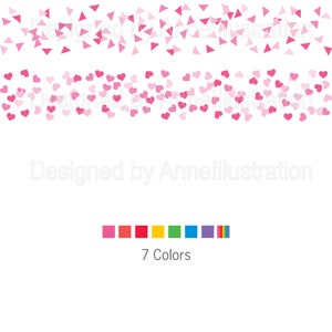 May include: White background with pink confetti in the form of triangles and hearts. The text "Designed by Annelllustration" is in the center. Below are seven color swatches and the text "7 Colors".