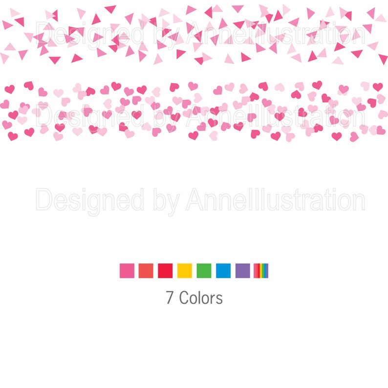 May include: White background with pink confetti in the form of triangles and hearts. The text "Designed by Annelllustration" is in the center. Below are seven color swatches and the text "7 Colors".