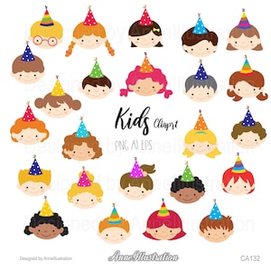 Op de afbeelding: Een verzameling cartoon kindergezichten, elk met een kleurrijke feesthoed. De afbeelding bevat de tekst "Kids Clipart" en "AnneIllustration". De gezichten hebben verschillende haarkleuren en -stijlen, perfect voor feestdecoraties.