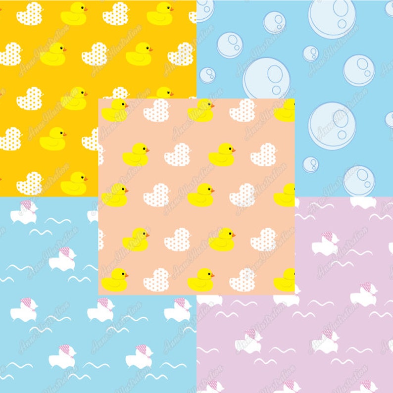 May include: A digital paper pack with six different patterns featuring yellow rubber duckies, white clouds, blue bubbles, and wavy lines. The patterns are in shades of yellow, blue, pink, and peach.
