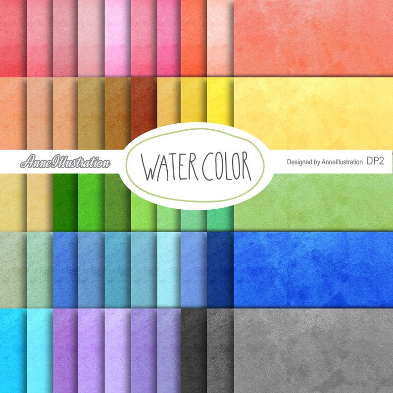 Op de afbeelding: Een digitaal papierpakket met 36 aquareltexturen in verschillende tinten roze, oranje, geel, groen, blauw, paars en grijs. Het pakket heeft de titel "WATER COLOR" en is ontworpen door AnneIllustration DP2.