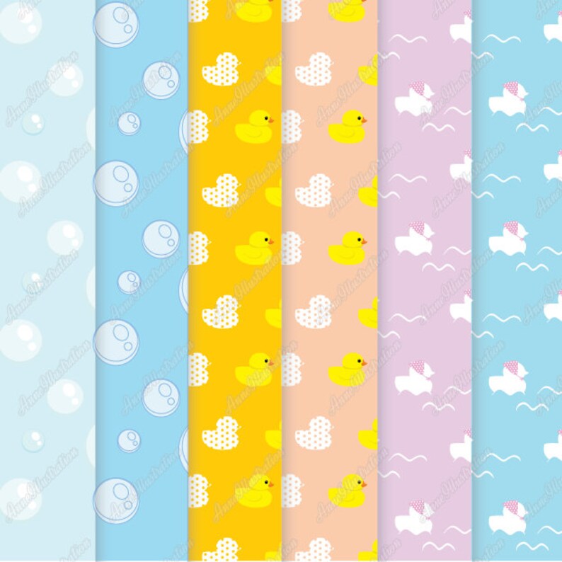 May include: A set of six digital paper patterns featuring a variety of designs, including yellow rubber ducks, white clouds, and blue bubbles. The patterns are perfect for creating invitations, cards, and other paper crafts.