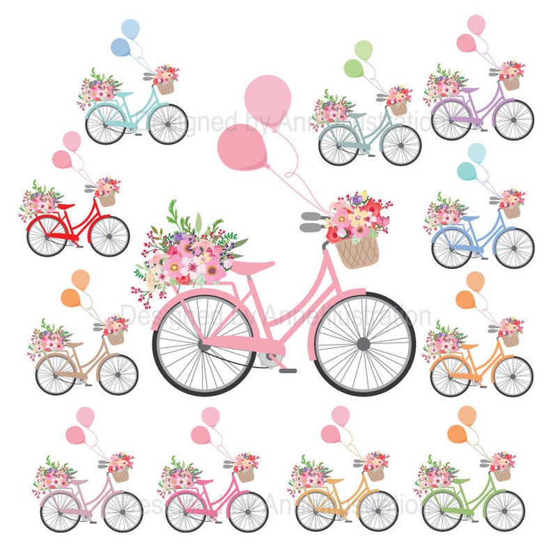 May include: A set of 12 digital illustrations of pink bicycles with baskets of flowers and balloons. The bicycles are in various colours, including blue, green, orange, and purple.