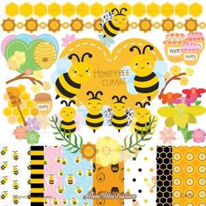 Bees clipart,Honey clipart,Flowers clipart,Bees digital paper,Graphic,Vector,Instant download Illustration_CA66