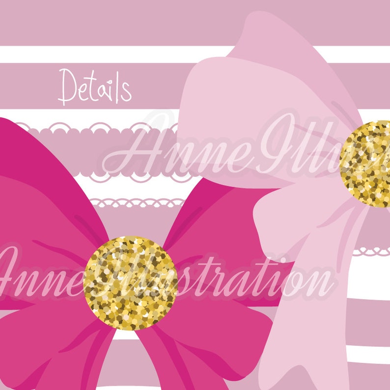 May include: Two pink bows with gold glitter centers on a pink and white striped background. The text "Details" is at the top of the image.