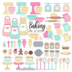 Clipart di cottura, Strumenti di cucina, Panetteria, Pane, Cuoco, Dessert, Cucina, Torta, Biscotto, Chef, Cibo, Farina, Vettoriale, PNG, Download istantaneo Illustration_CA115