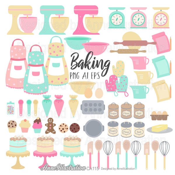 Baking Clipart,Cooking Tools,Bakery,Bread,Cook,Dessert,Kitchen,Cake,Cookie,Chef,Food,Flour,Vector,PNG,Instant download Illustration_CA115