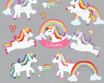 May include: Set of six colorful unicorn illustrations with rainbows, stars, and clouds. The unicorns are white with rainbow manes and tails. The text "Unicorns" is written on a pink banner.