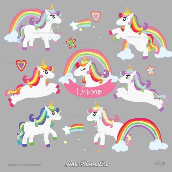 Imágenes prediseñadas de unicornio, cabeza de unicornio, pony, arco iris, imágenes prediseñadas de unicornio bebé, imágenes prediseñadas de caballo, imágenes prediseñadas de fantasía, vector, descarga instantánea Illustration_CA25