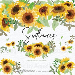 May include: Watercolor illustration of sunflowers in various arrangements. The image features 16 elements, including individual sunflowers and bouquets. The text "Sunflowers" is written in a cursive font.