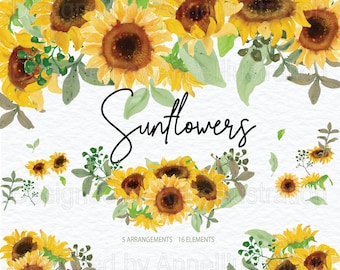 Watercolor Sunflowers Clipart,Floral,Frame,Blush,Bouquets,Wedding,Flowers,Leaves,Graphic,PNG,Instant download Illustration_CA99