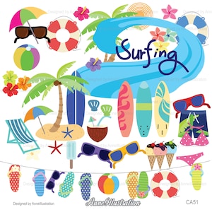 Surfing Clipart,Surf Clipart,Beach Clipart,Summer,Party,Swim,Wave,Vector,Instant download Illustration_CA51