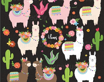 May include: A set of colorful llama illustrations with floral wreaths and cactus plants. The llamas are wearing colorful blankets and flowers. The text "llamas" is written in a floral wreath.