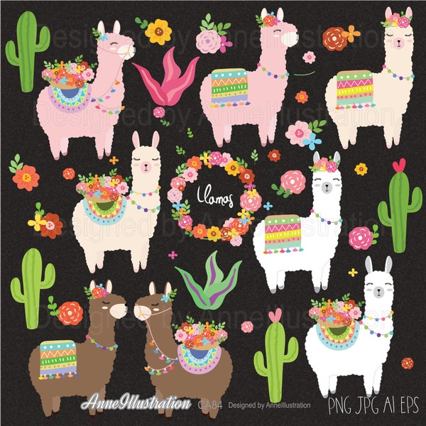 Llamas clipart,Alpaca,Cactus,Animal clipart,Graphic,Vector,Instant download Illustration_CA84