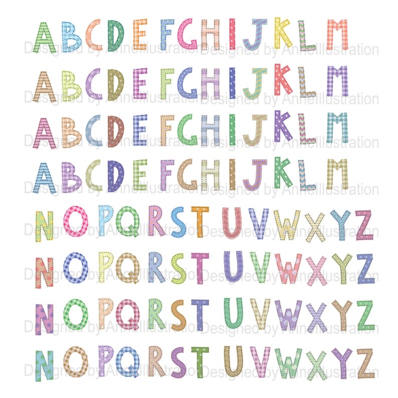 May include: A colorful alphabet with each letter in a different color and pattern. The letters are outlined in black and have a stitched look. The letters are arranged in four rows, with the first row being A through M, the second row being N through Z, and the third and fourth rows being repeats of the first two rows.