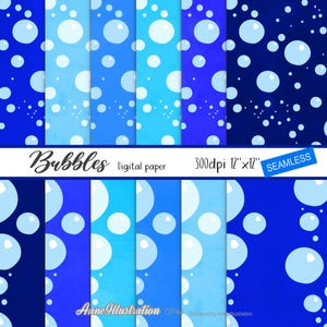 Op de afbeelding: Digitale papieren vellen met een bubbelpatroon in blauwtinten. De tekst "Bubbles Digital paper 300dpi 12"x12" SEAMLESS" staat bovenaan. Het ontwerp is van Anne Illustration.