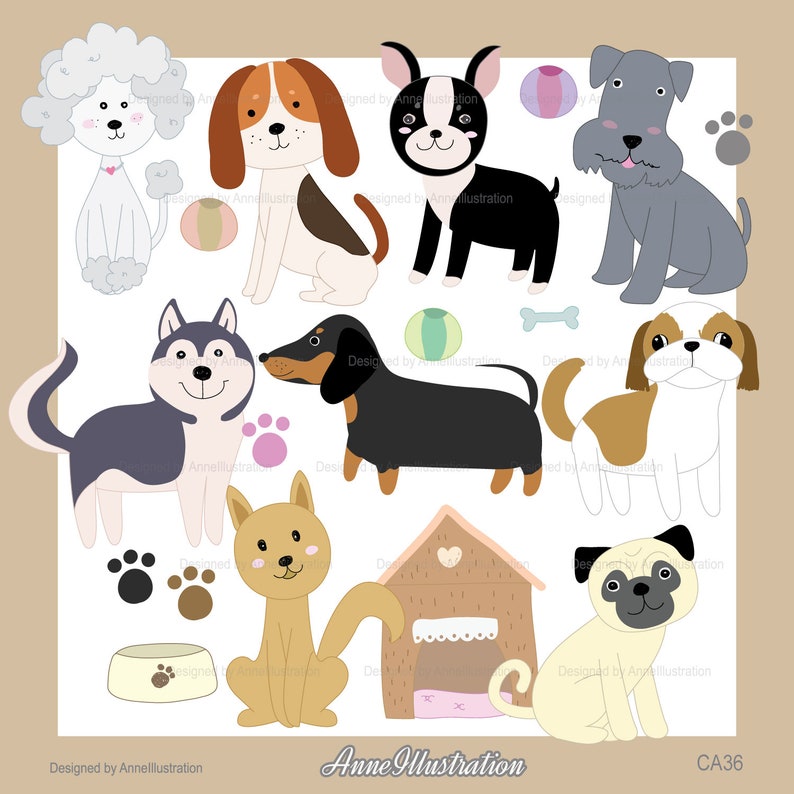 K&ouml;nnte beinhalten: Ein Set mit zehn bunten Cartoon-Hundeillustrationen, darunter ein Pudel, Beagle, Dackel, Husky, Mops, Schnauzer und einige andere. Die Illustrationen befinden sich auf einem wei&szlig;en Hintergrund mit ein paar Pfotenabdr&uuml;cken und einem Hundeknochen.