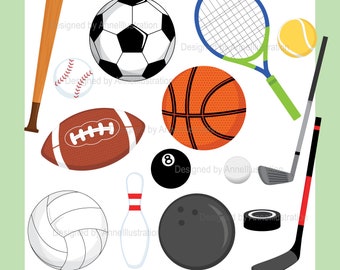 Sport Ball Clipart,Soccer,Tennis,Basketball,Rugby,Hockey,Golf,Bowling,Vector,Instant download Illustration_CA40