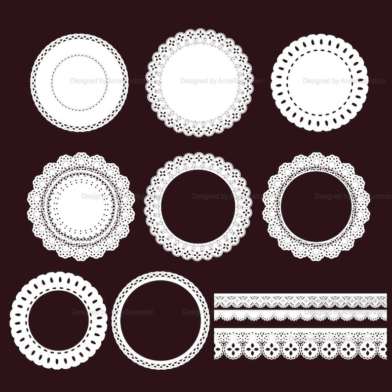 May include: Set of nine white lace doilies with scalloped edges and intricate designs. The doilies are arranged in three rows, with three doilies in each row. The doilies are all the same size and shape.