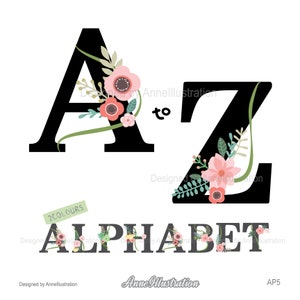 May include: Black and white floral alphabet letters A to Z with the word "ALPHABET" in black with floral accents. The text "Designed by Annellustration" appears twice and the text "AP5" appears once.