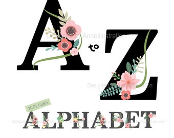 以下が含まれることがあります： 黒と白の花柄のアルファベット文字AからZと、花柄のアクセントがついた黒の「ALPHABET」という単語。 「Designed by Annellustration」というテキストが2回、「AP5」というテキストが1回表示されています。