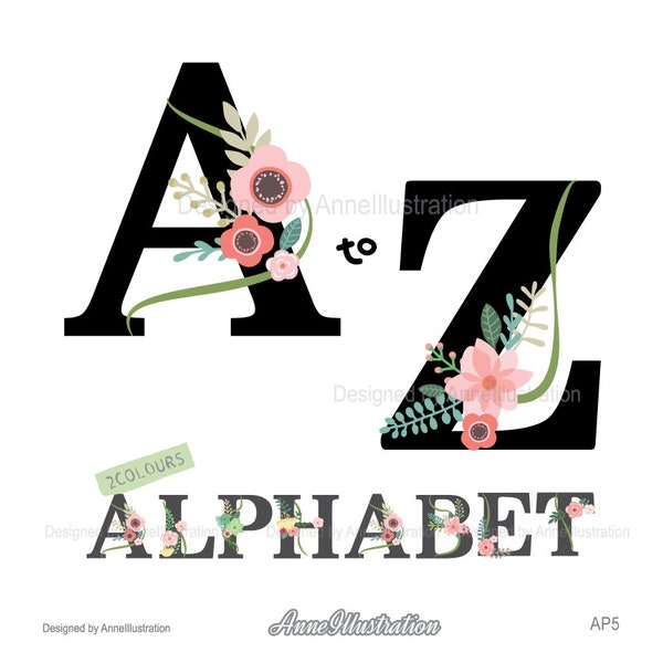 Floral Alphabet Clipart,Letters Clipart,Flowers,Wedding Clipart,Spring Clipart,Vector,Instant download Illustration_AP5