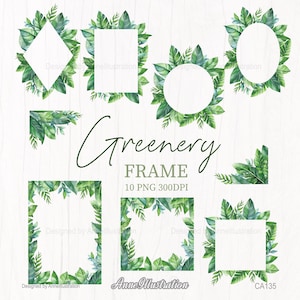 May include: Watercolor illustrations of various green leaf frames in diamond, square, circle, and corner shapes. The text "Greenery FRAME" is displayed in the center. The image is labeled "10 PNG 300DPI" and includes the artist's name and a product code.