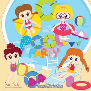 Filles piscine party clipart, clipart piscine, piscine party clipart numérique, filles de natation, filles d’été, natation clipart, Téléchargement instantané_ C2