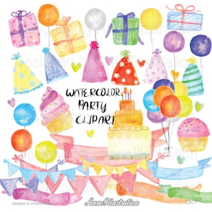 Aquarell Party Clipart, Clipart, Partyhüte, Partyhüte, Kuchen, Geschenk, Wimpelkette, Banner, Ballon, PNG, Sofort download Illustration_ CA77