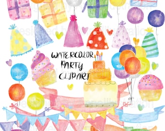Watercolor party clipart,birthday clipart,Party hats,Cakes,Gift,Bunting,Banner,Balloon,PNG,Instant download Illustration_ CA77