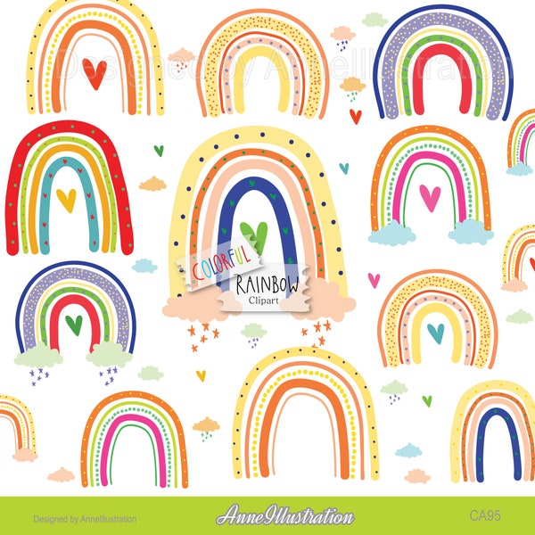 Colorful Rainbow Clipart,Baby shower,Hand drawn,Graphic,Vector,Instant download Illustration_CA95
