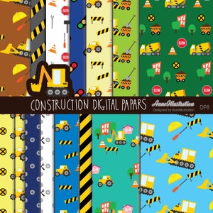 Construction digital paper(Not in Seamless),Trucks,Diggers,Tractor,Bulldozer,Tools,Crane,Instant download Illustration_DP8