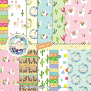 Lama digitale papers (naadloos), Alpaca, Cactus, Peruaanse, dieren, boho, Azteekse, achtergrond, patroon, Instant download Illustration_DP23