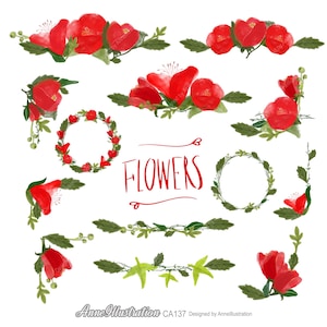 Flowers Clipart,Red flowers,Bouquet,Border,Corner,Vintage,Wildlife,Wreath,Invitation,Wedding,Spring,Poppy,Watercolor,Instant download_ CA137