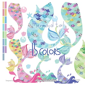 Pode incluir: Um conjunto de 15 ilustrações de cauda de sereia coloridas com detalhes de glitter. As caudas estão em vários tons de azul, verde, rosa e roxo. O texto "Mermaid tail 15 colors" está escrito no centro da imagem.