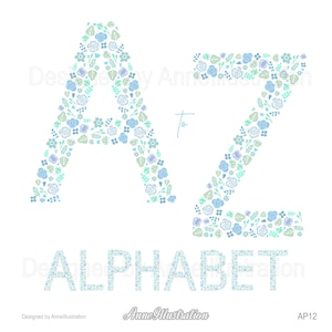 Clipart de alfabeto floral, letras, azul, clipart de casamento, monograma floral, letras de flores, romântico, vetor, download instantâneo ilustração_AP12