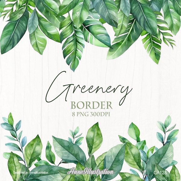 Watercolor Greenery Border Clipart,Tropical Leaves,Green leafs,Palm Leaf,Summer,Blush,Frame,Instant download_ CA128