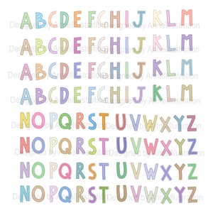 May include: A set of colorful alphabet letters with a stitched outline. The letters are in a pastel color palette, including pink, blue, green, yellow, and orange. Each letter has a dashed line around the edge, simulating stitching.