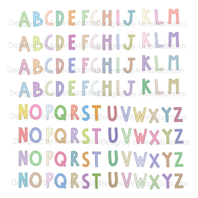 May include: A set of colorful alphabet letters with a stitched outline. The letters are in a pastel color palette, including pink, blue, green, yellow, and orange. Each letter has a dashed line around the edge, simulating stitching.